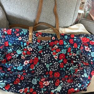 Myra Bag Blue Floral Tote with Brown Straps